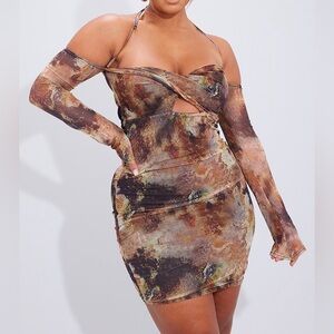 PrettyLittleThing Brown Abstract Print Twist Cut Out Bodycon Dress